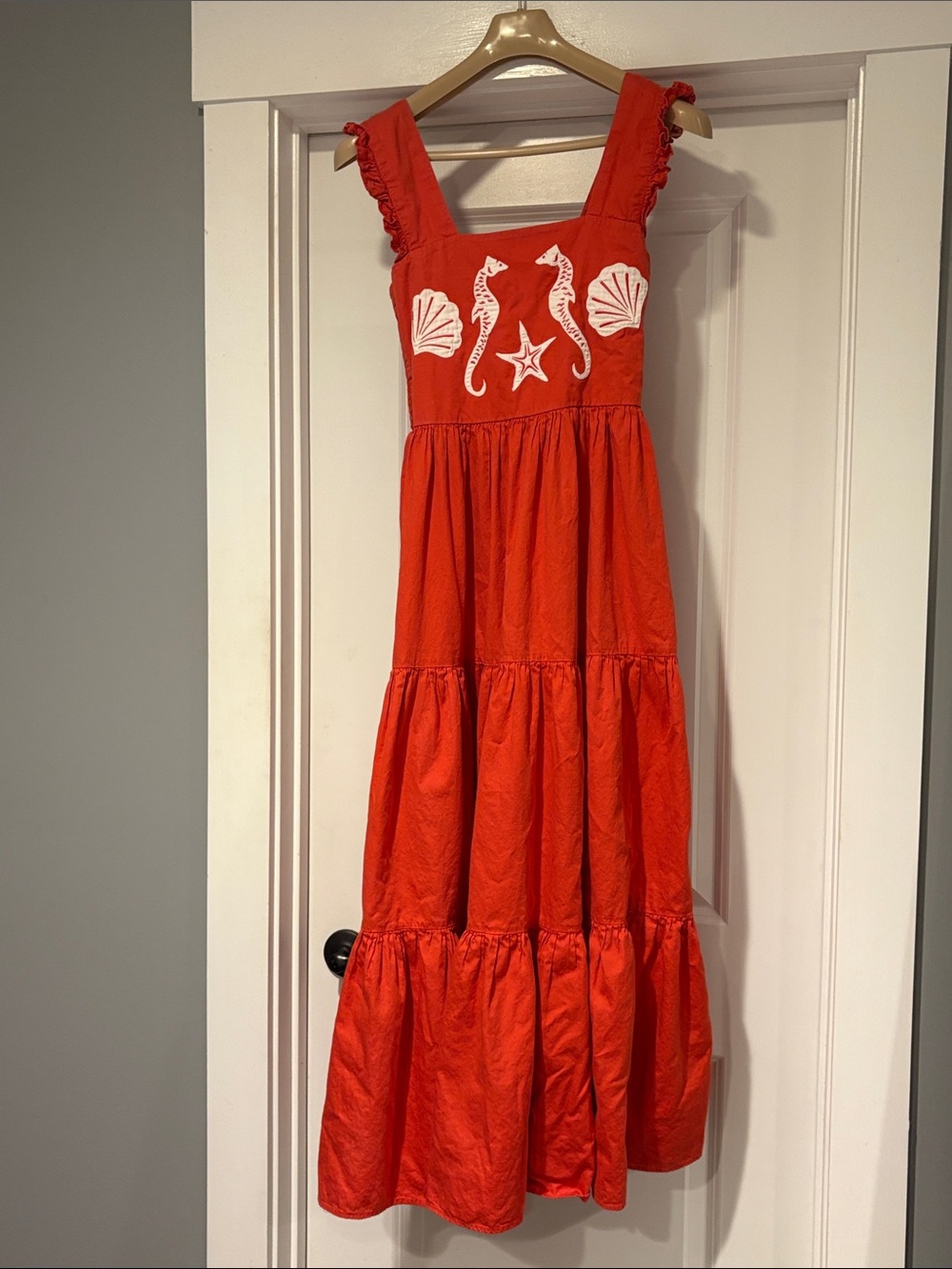 Carolina K Kuna Red Sleeveless Maxi Dress with Shell Embroidery